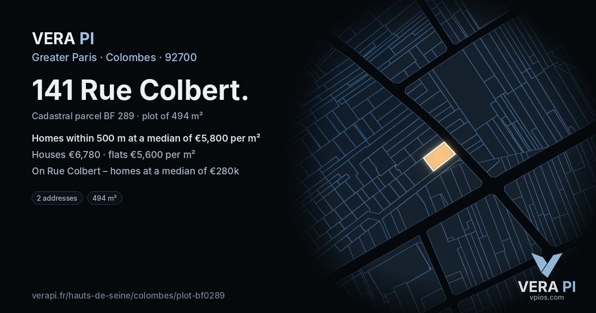 141 Rue Colbert, Colombes at night – the plot lit, the parcels around coloured by the prices near them