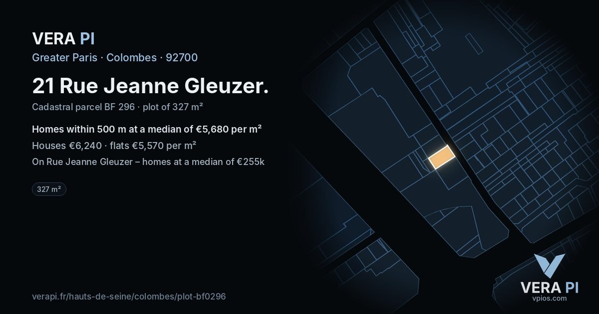 21 Rue Jeanne Gleuzer, Colombes at night – the plot lit, the parcels around coloured by the prices near them