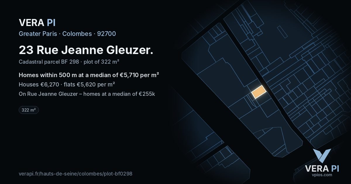 23 Rue Jeanne Gleuzer, Colombes at night – the plot lit, the parcels around coloured by the prices near them