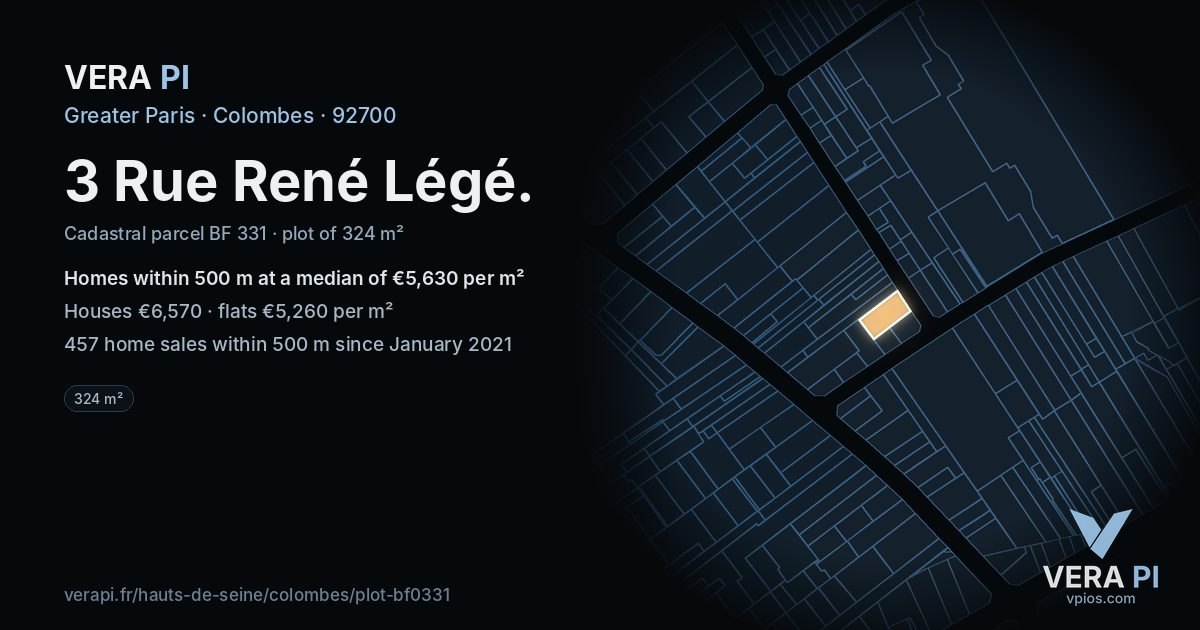 3 Rue René Légé, Colombes at night – the plot lit, the parcels around coloured by the prices near them