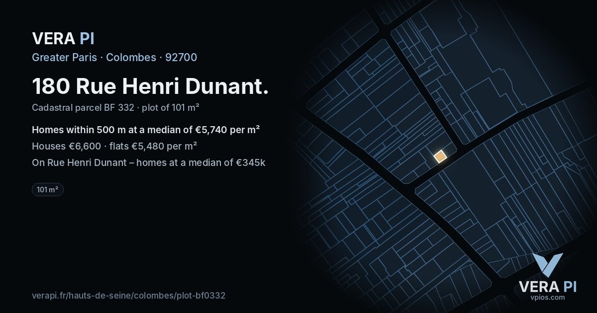 180 Rue Henri Dunant, Colombes at night – the plot lit, the parcels around coloured by the prices near them