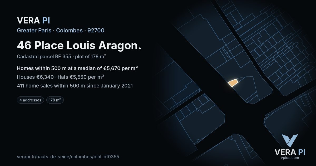 46 Place Louis Aragon, Colombes at night – the plot lit, the parcels around coloured by the prices near them