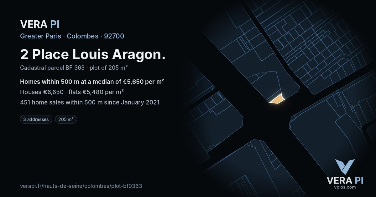 2 Place Louis Aragon, Colombes at night – the plot lit, the parcels around coloured by the prices near them