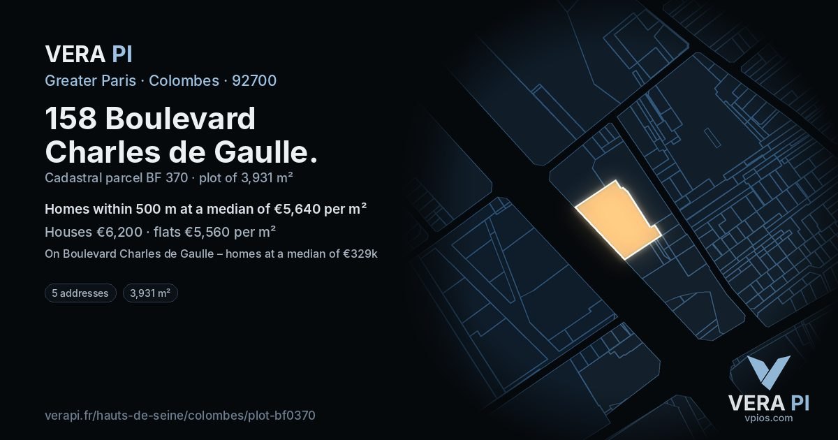 158 Boulevard Charles de Gaulle, Colombes at night – the plot lit, the parcels around coloured by the prices near them