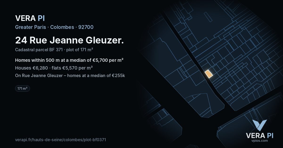 24 Rue Jeanne Gleuzer, Colombes at night – the plot lit, the parcels around coloured by the prices near them