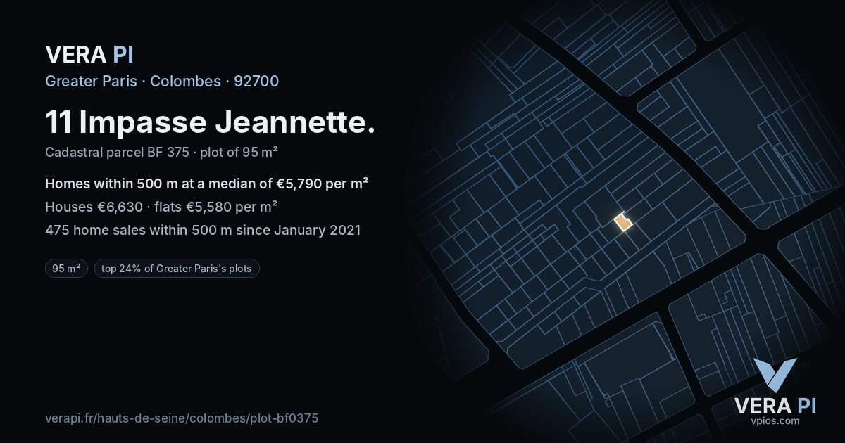 11 Impasse Jeannette, Colombes at night – the plot lit, the parcels around coloured by the prices near them