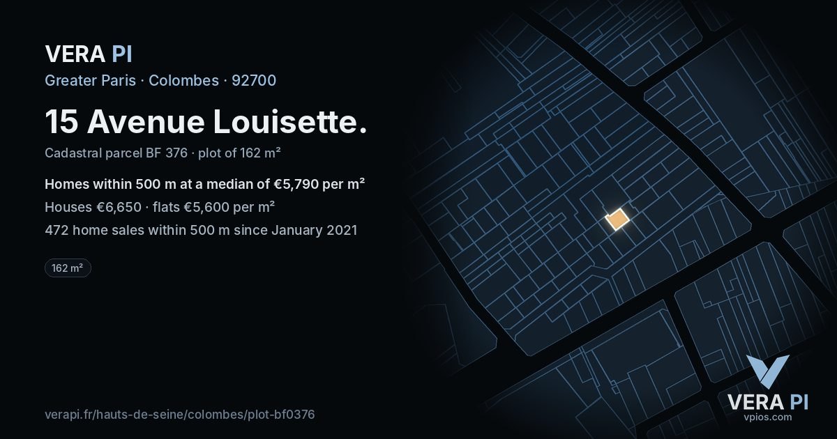 15 Avenue Louisette, Colombes at night – the plot lit, the parcels around coloured by the prices near them