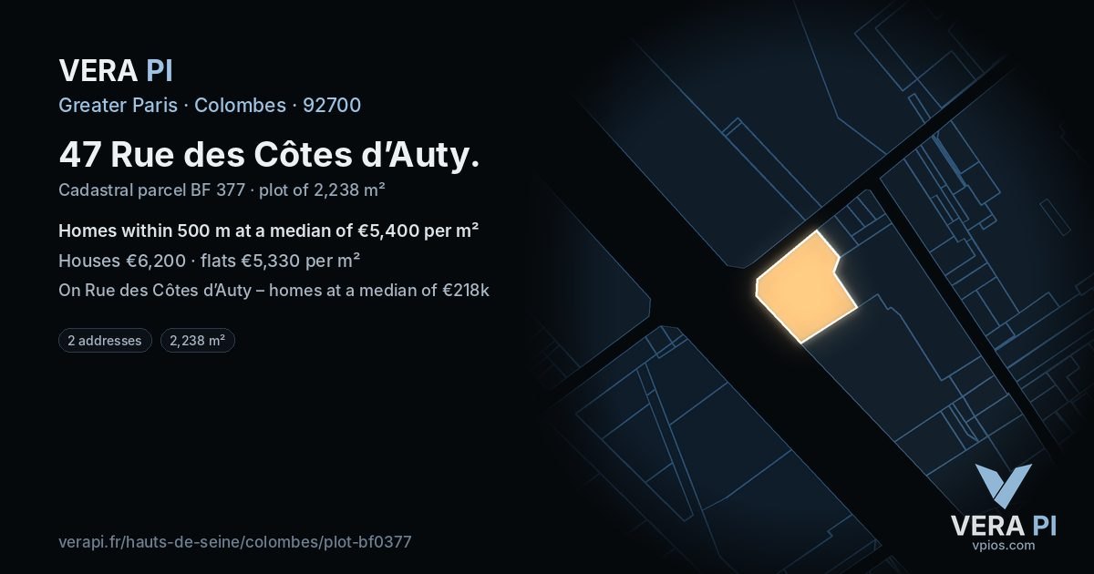 47 Rue des Côtes d’Auty, Colombes at night – the plot lit, the parcels around coloured by the prices near them