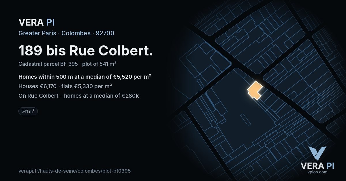 189 bis Rue Colbert, Colombes at night – the plot lit, the parcels around coloured by the prices near them