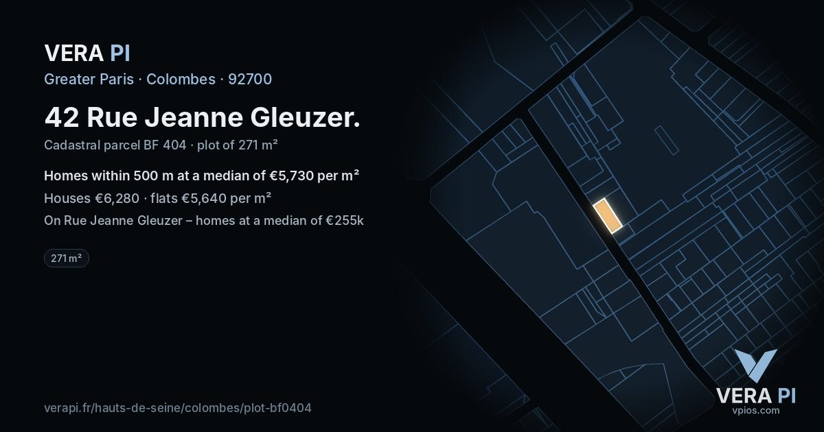 42 Rue Jeanne Gleuzer, Colombes at night – the plot lit, the parcels around coloured by the prices near them
