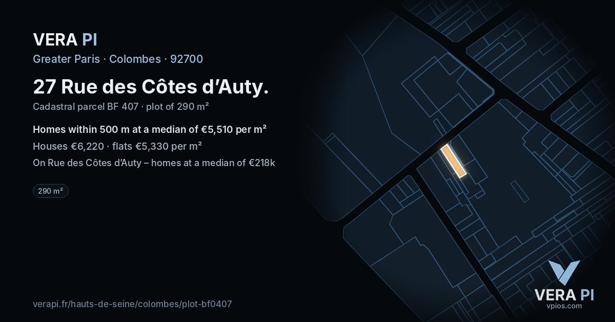 27 Rue des Côtes d’Auty, Colombes at night – the plot lit, the parcels around coloured by the prices near them
