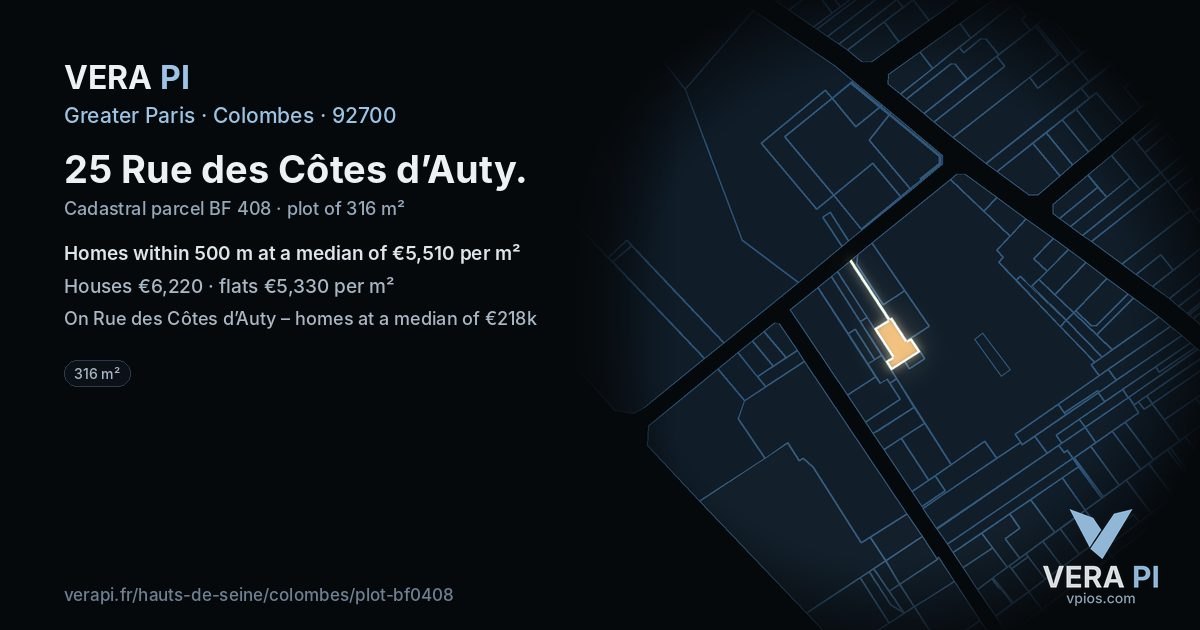 25 Rue des Côtes d’Auty, Colombes at night – the plot lit, the parcels around coloured by the prices near them