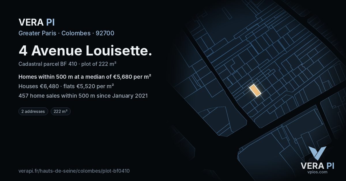 4 Avenue Louisette, Colombes at night – the plot lit, the parcels around coloured by the prices near them