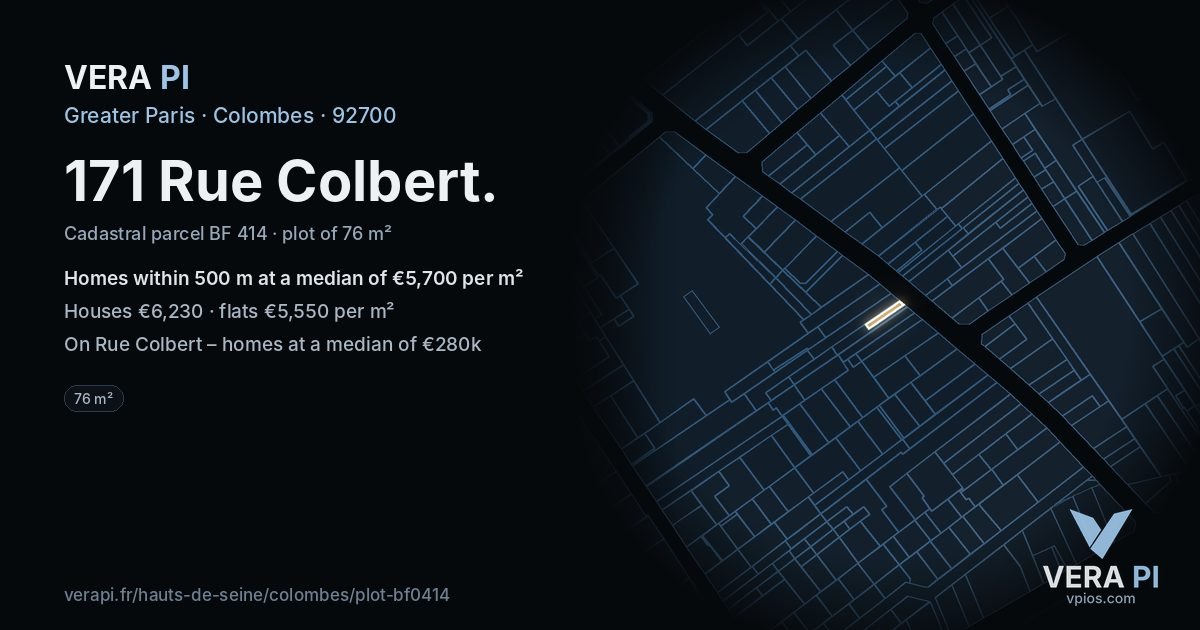 171 Rue Colbert, Colombes at night – the plot lit, the parcels around coloured by the prices near them