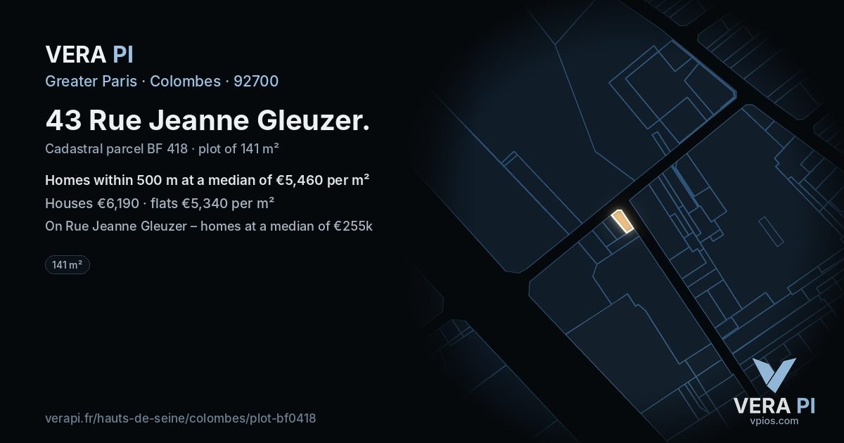 43 Rue Jeanne Gleuzer, Colombes at night – the plot lit, the parcels around coloured by the prices near them