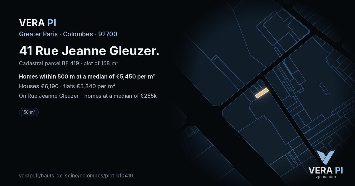 41 Rue Jeanne Gleuzer, Colombes at night – the plot lit, the parcels around coloured by the prices near them