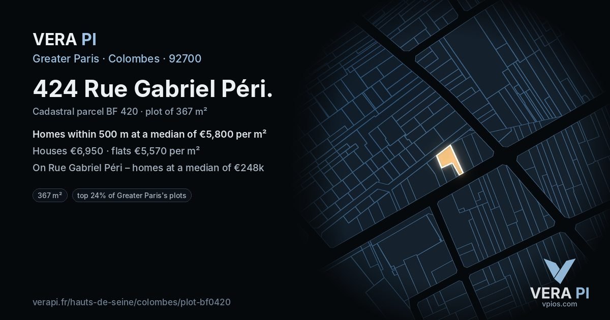 424 Rue Gabriel Péri, Colombes at night – the plot lit, the parcels around coloured by the prices near them