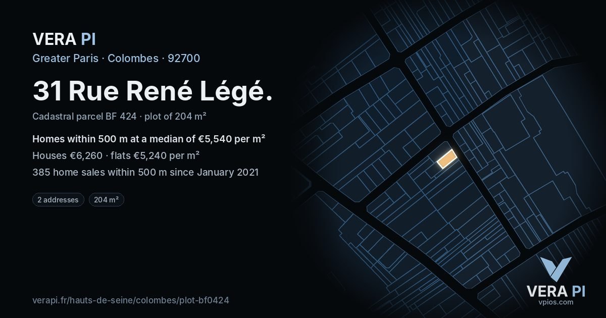 31 Rue René Légé, Colombes at night – the plot lit, the parcels around coloured by the prices near them