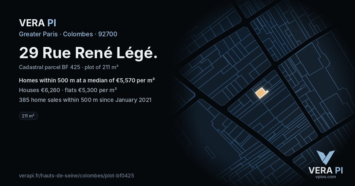 29 Rue René Légé, Colombes at night – the plot lit, the parcels around coloured by the prices near them