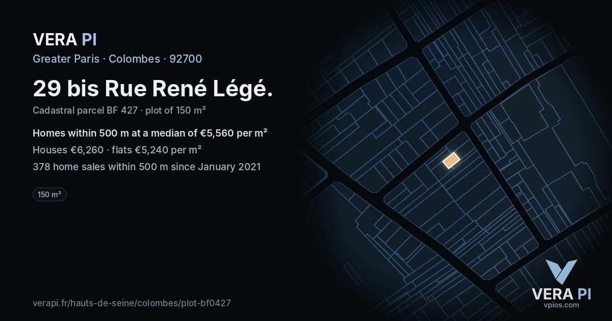 29 bis Rue René Légé, Colombes at night – the plot lit, the parcels around coloured by the prices near them