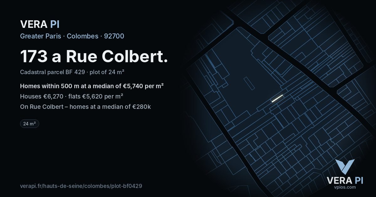 173 a Rue Colbert, Colombes at night – the plot lit, the parcels around coloured by the prices near them