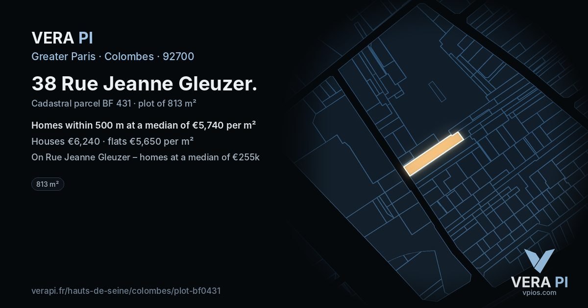 38 Rue Jeanne Gleuzer, Colombes at night – the plot lit, the parcels around coloured by the prices near them