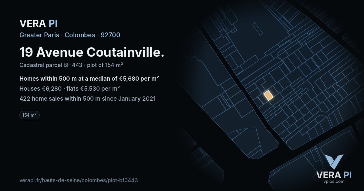 19 Avenue Coutainville, Colombes at night – the plot lit, the parcels around coloured by the prices near them