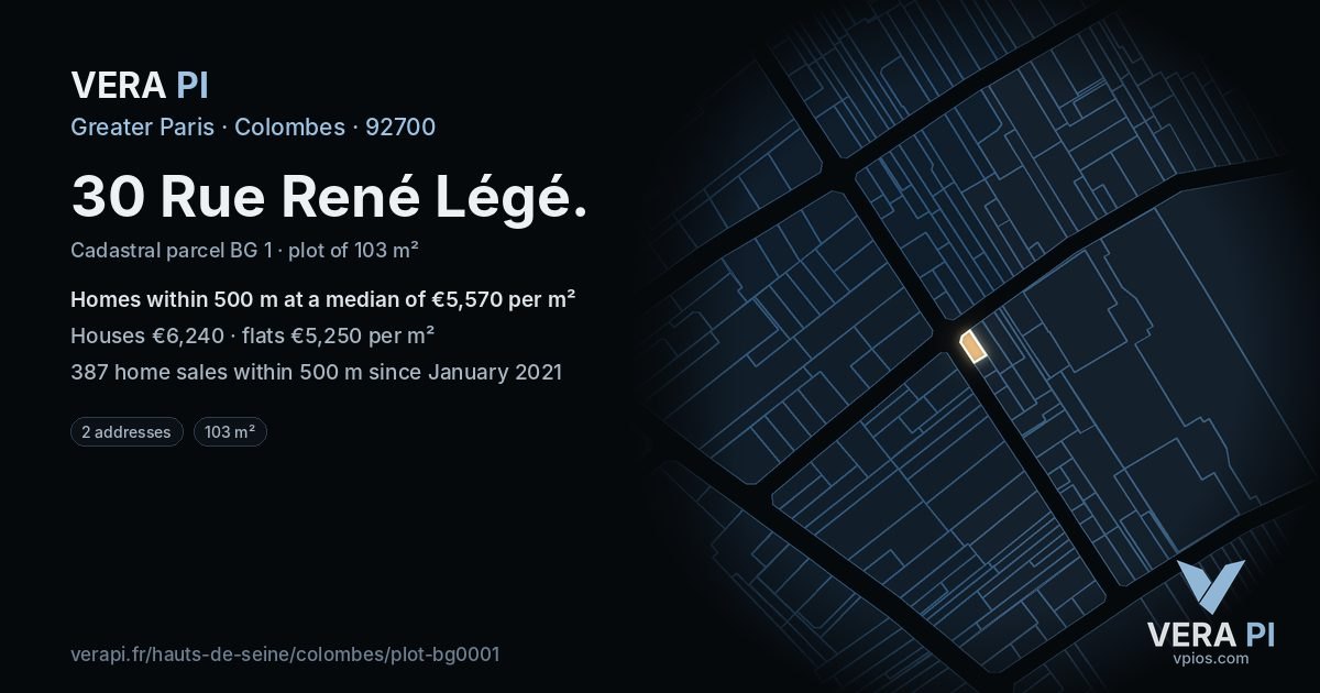 30 Rue René Légé, Colombes at night – the plot lit, the parcels around coloured by the prices near them