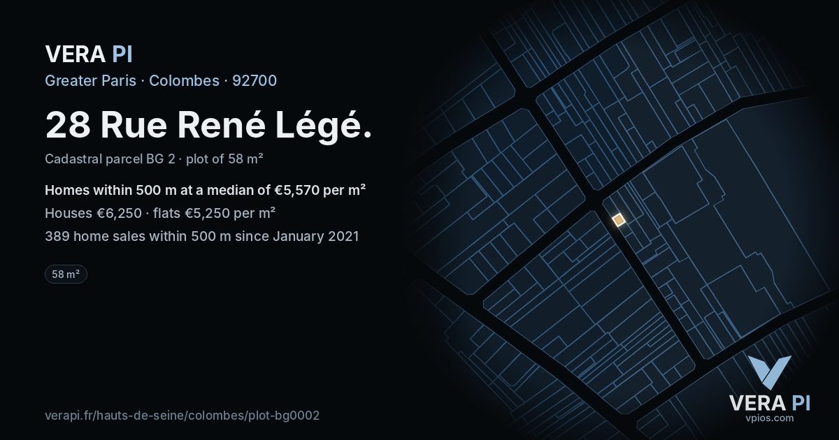 28 Rue René Légé, Colombes at night – the plot lit, the parcels around coloured by the prices near them