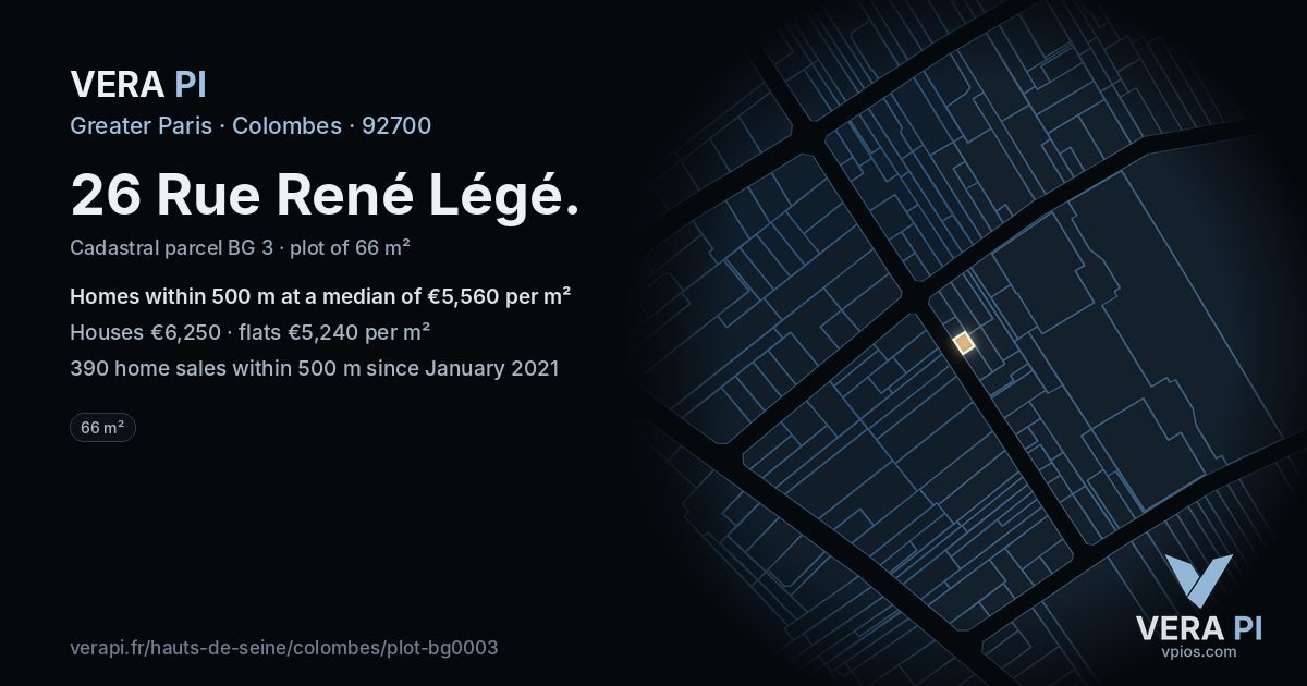 26 Rue René Légé, Colombes at night – the plot lit, the parcels around coloured by the prices near them