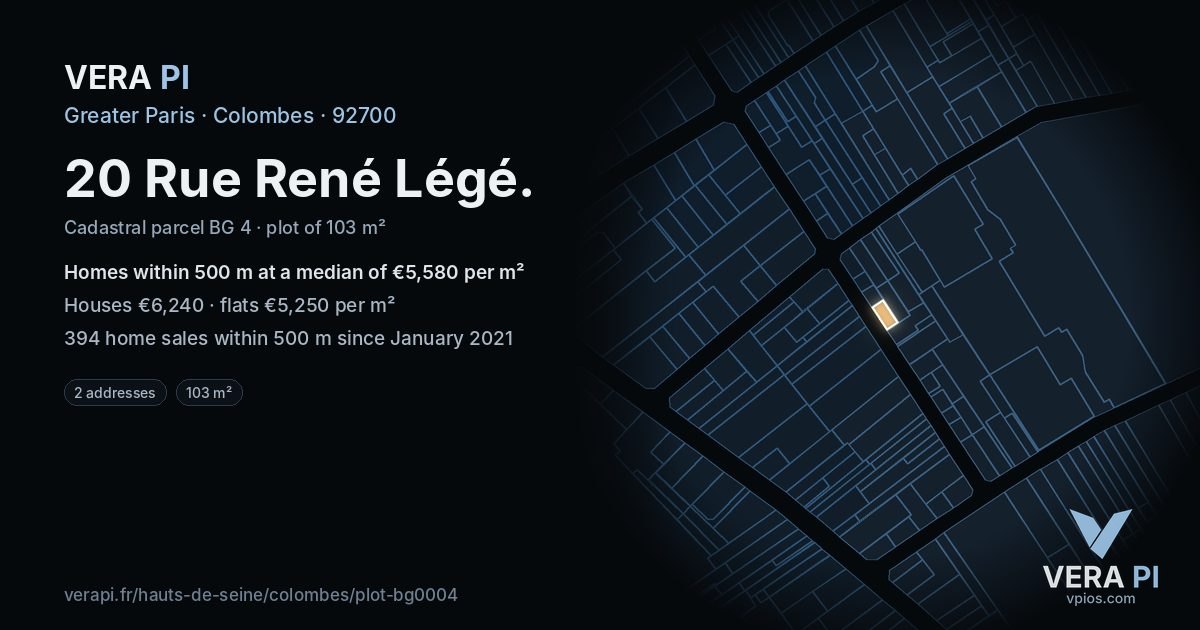 20 Rue René Légé, Colombes at night – the plot lit, the parcels around coloured by the prices near them