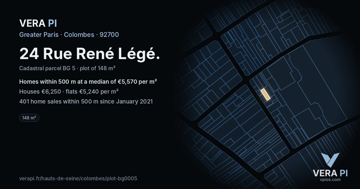 24 Rue René Légé, Colombes at night – the plot lit, the parcels around coloured by the prices near them