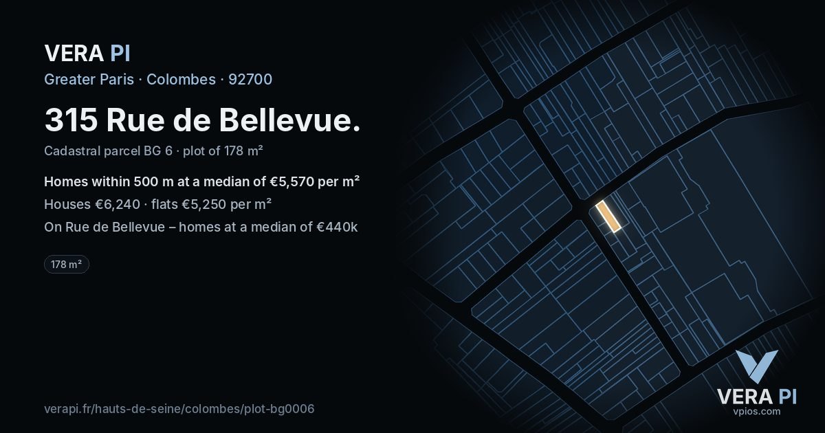 315 Rue de Bellevue, Colombes at night – the plot lit, the parcels around coloured by the prices near them