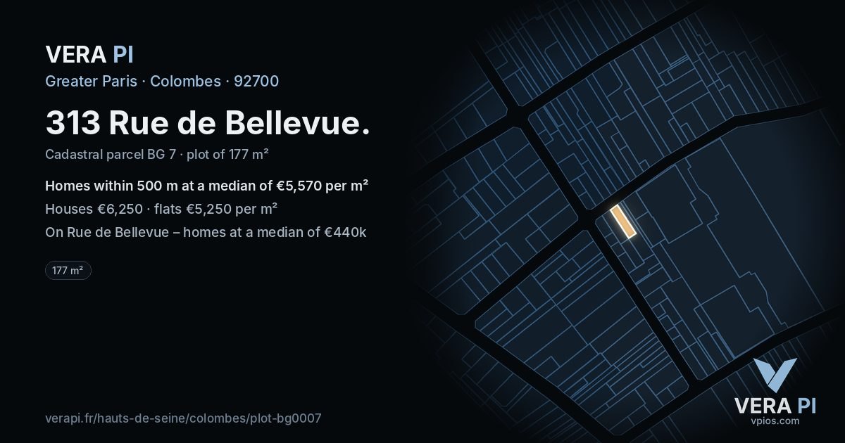 313 Rue de Bellevue, Colombes at night – the plot lit, the parcels around coloured by the prices near them