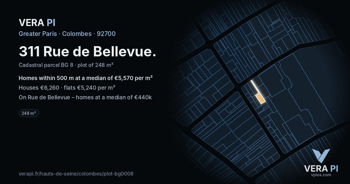 311 Rue de Bellevue, Colombes at night – the plot lit, the parcels around coloured by the prices near them