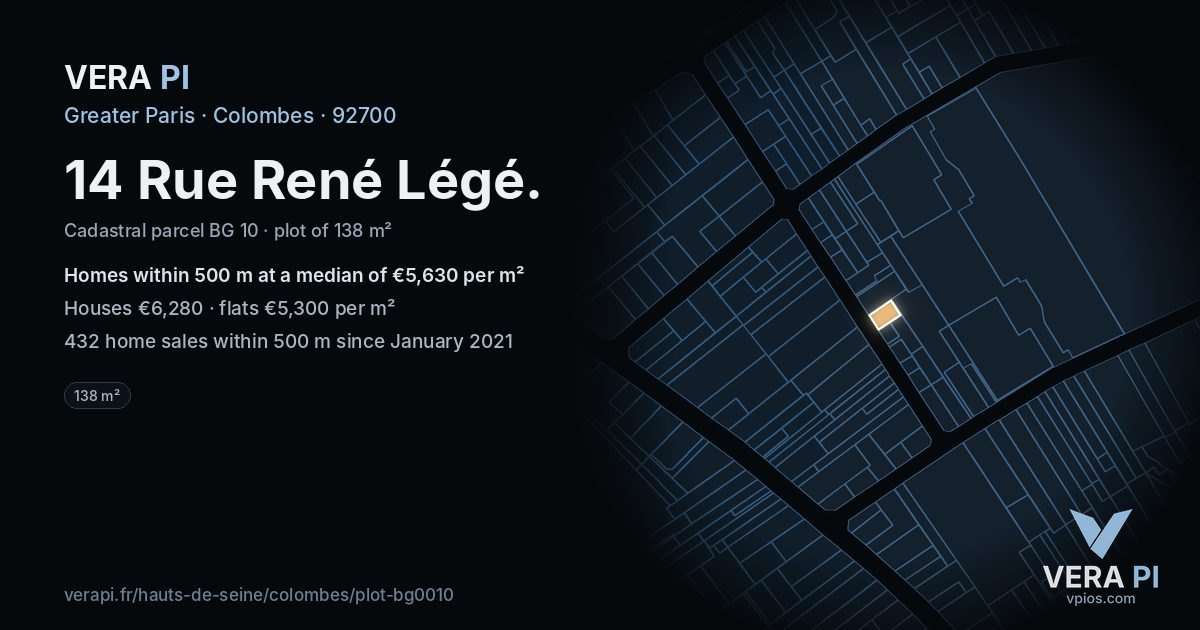 14 Rue René Légé, Colombes at night – the plot lit, the parcels around coloured by the prices near them