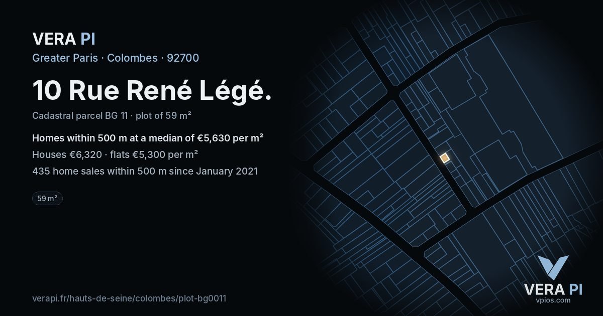 10 Rue René Légé, Colombes at night – the plot lit, the parcels around coloured by the prices near them