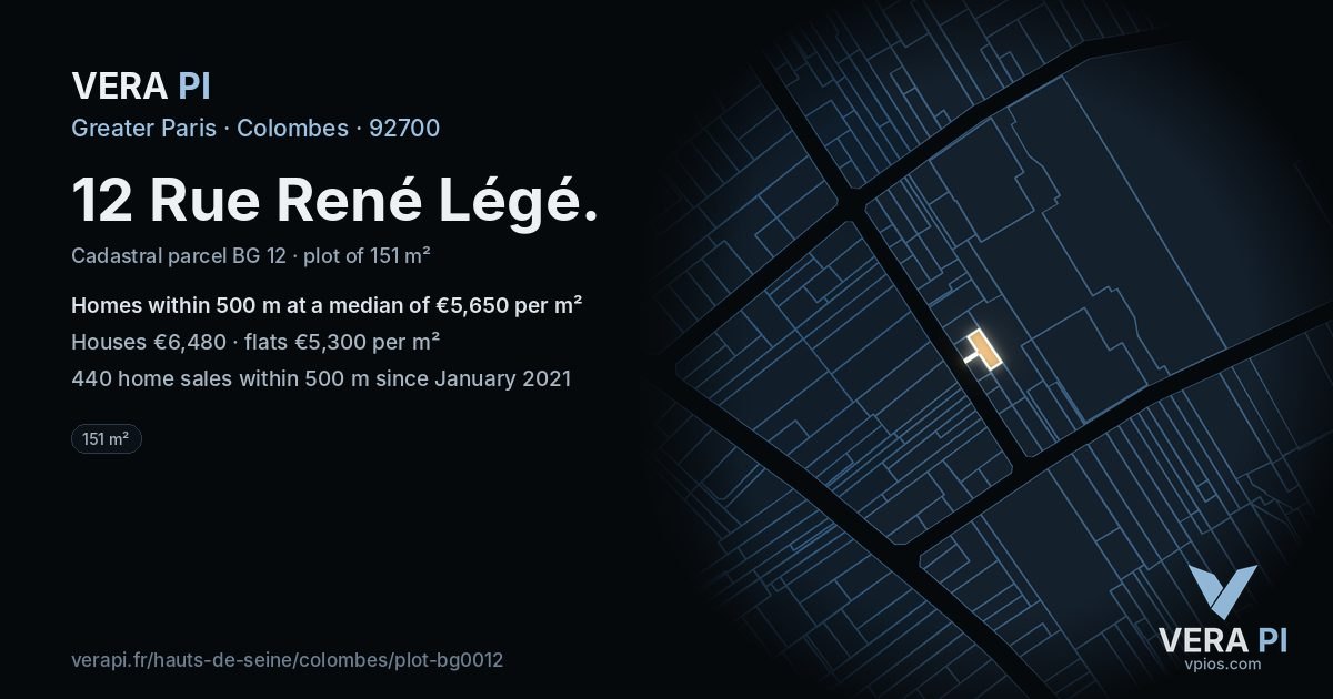 12 Rue René Légé, Colombes at night – the plot lit, the parcels around coloured by the prices near them