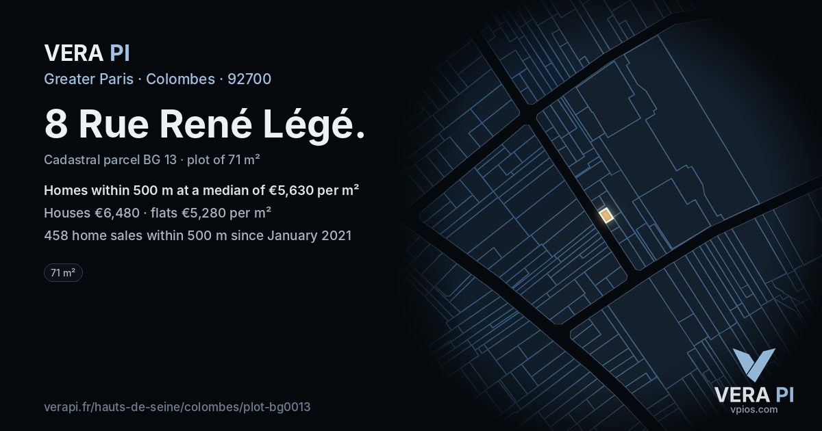8 Rue René Légé, Colombes at night – the plot lit, the parcels around coloured by the prices near them
