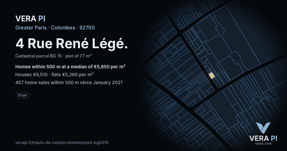 4 Rue René Légé, Colombes at night – the plot lit, the parcels around coloured by the prices near them