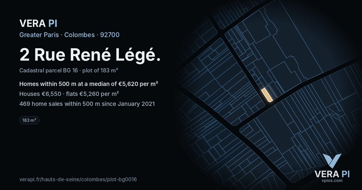 2 Rue René Légé, Colombes at night – the plot lit, the parcels around coloured by the prices near them