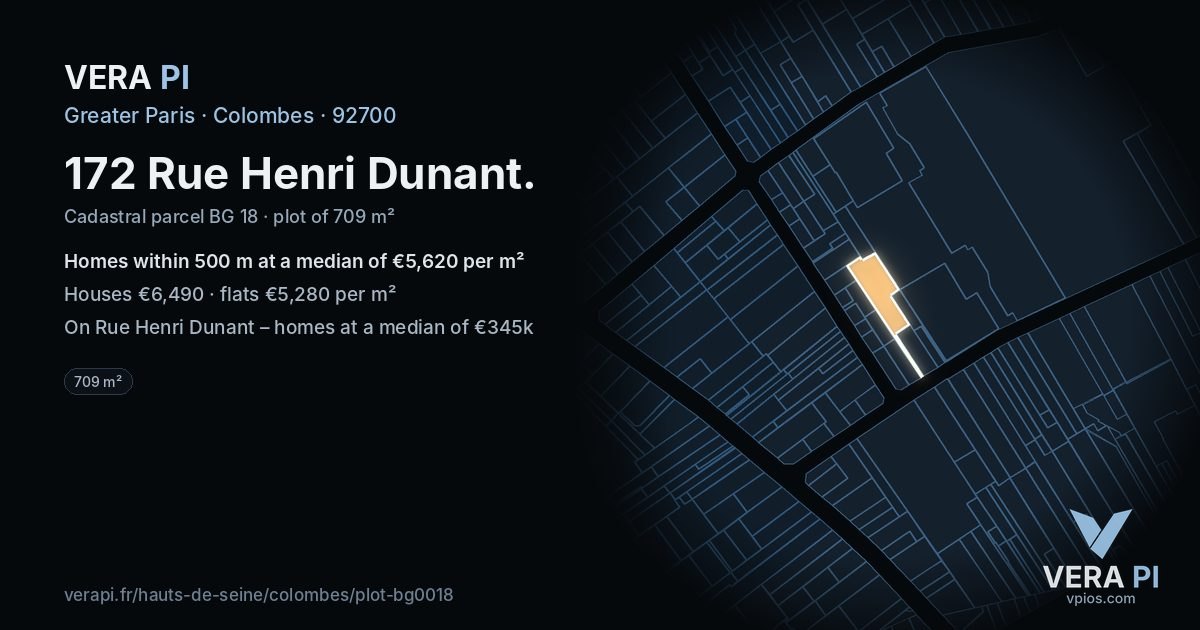 172 Rue Henri Dunant, Colombes at night – the plot lit, the parcels around coloured by the prices near them