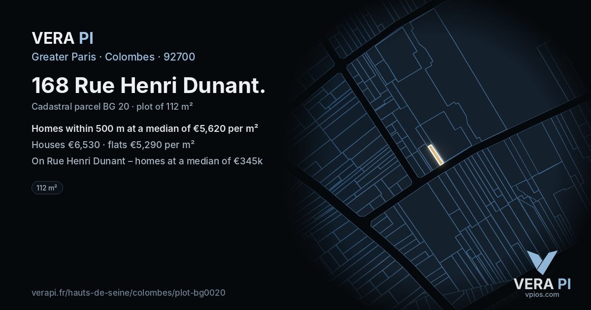 168 Rue Henri Dunant, Colombes at night – the plot lit, the parcels around coloured by the prices near them