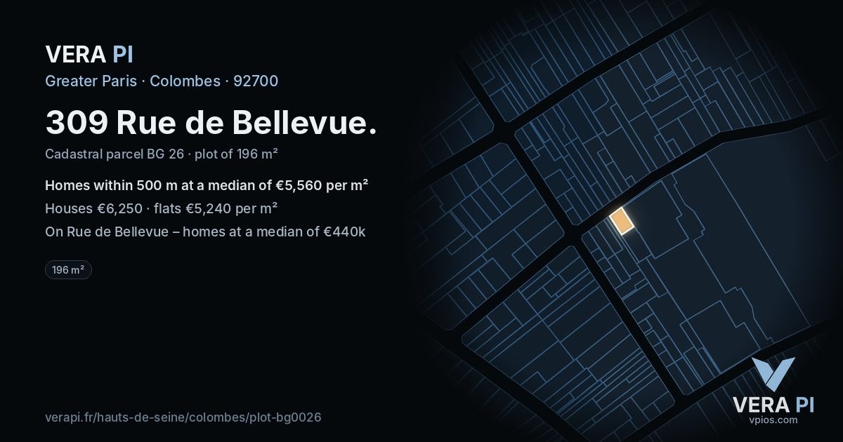 309 Rue de Bellevue, Colombes at night – the plot lit, the parcels around coloured by the prices near them
