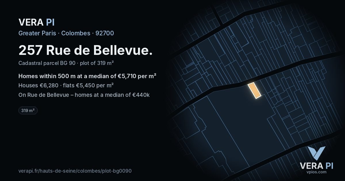 257 Rue de Bellevue, Colombes at night – the plot lit, the parcels around coloured by the prices near them