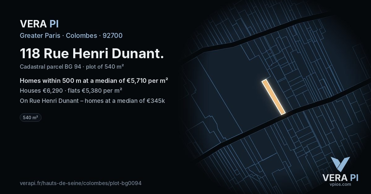 118 Rue Henri Dunant, Colombes at night – the plot lit, the parcels around coloured by the prices near them