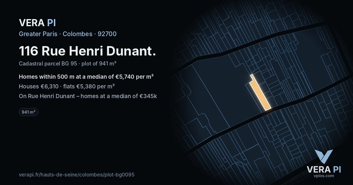 116 Rue Henri Dunant, Colombes at night – the plot lit, the parcels around coloured by the prices near them