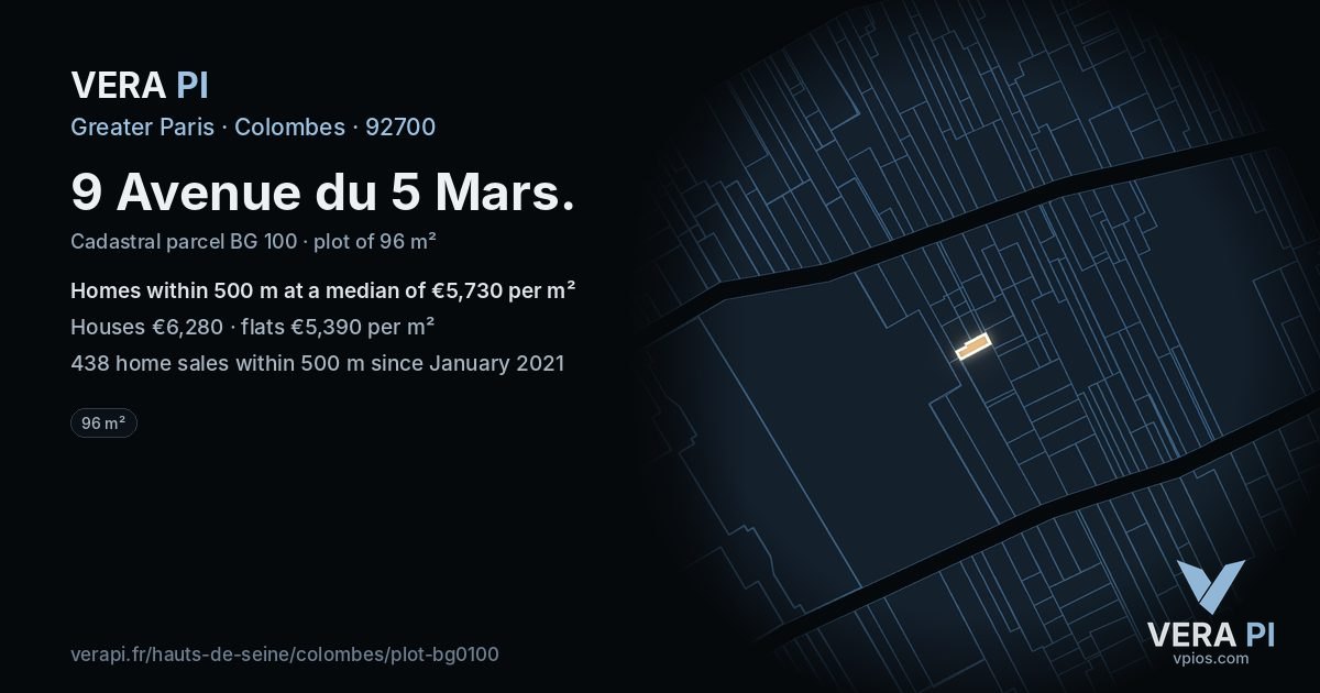 9 Avenue du 5 Mars, Colombes at night – the plot lit, the parcels around coloured by the prices near them