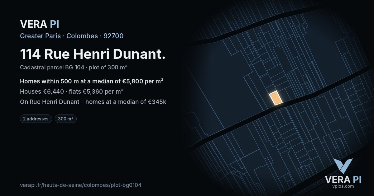 114 Rue Henri Dunant, Colombes at night – the plot lit, the parcels around coloured by the prices near them