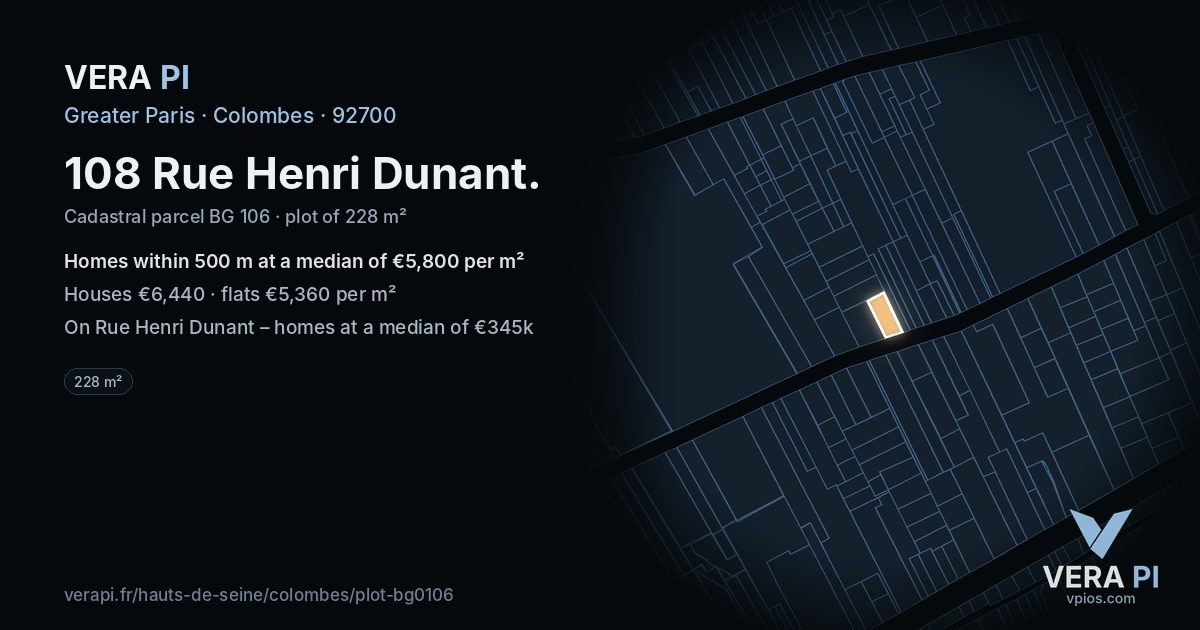108 Rue Henri Dunant, Colombes at night – the plot lit, the parcels around coloured by the prices near them